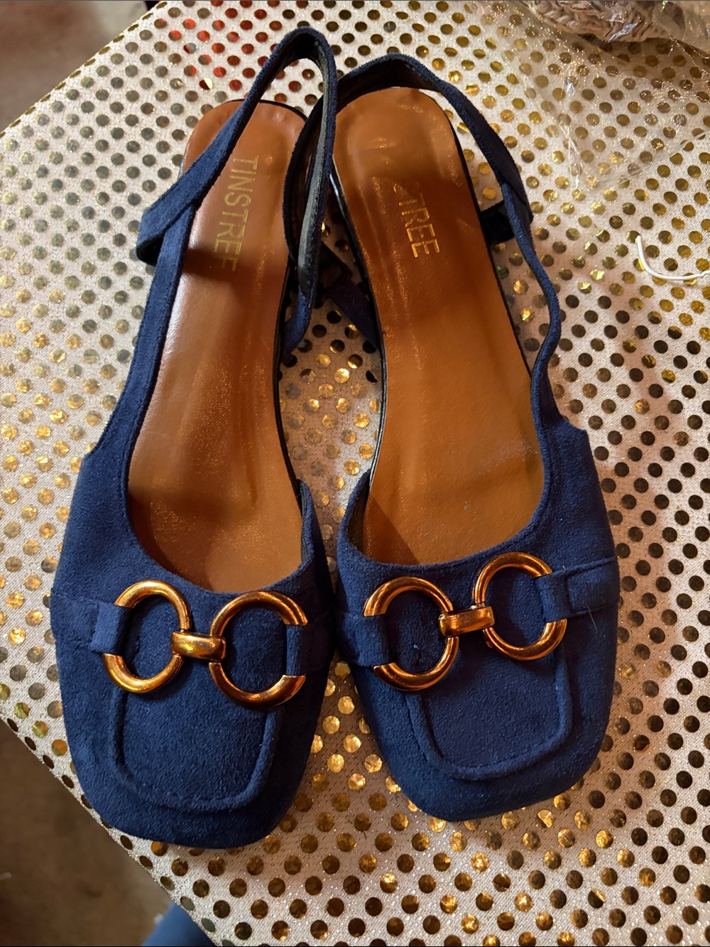 TinStree Navy Slingback Flats with Gold Ring Detail